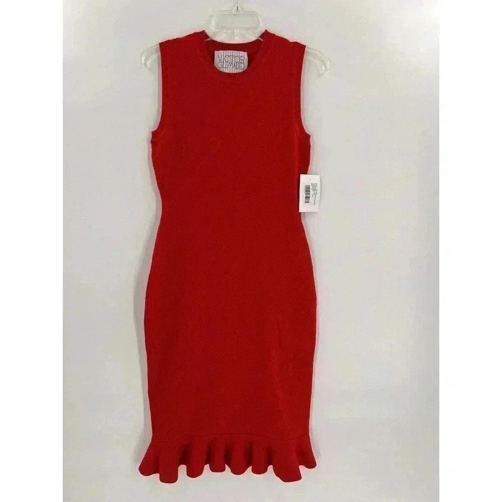 NEW TAGS Victor Glemaud Women's RED Sleeveless Flounce Hem Knit Bodycon Dress M